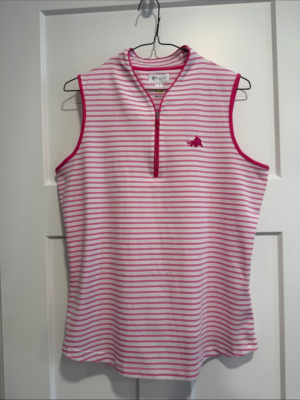 Greg Norman ML75 Women’s Sleeveless 1/4 Zip Golf Polo Pink White Stripe Tennis